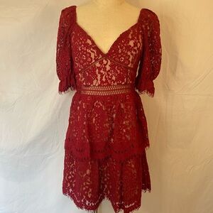 Lulus Wine Red Lace Tiered Dress